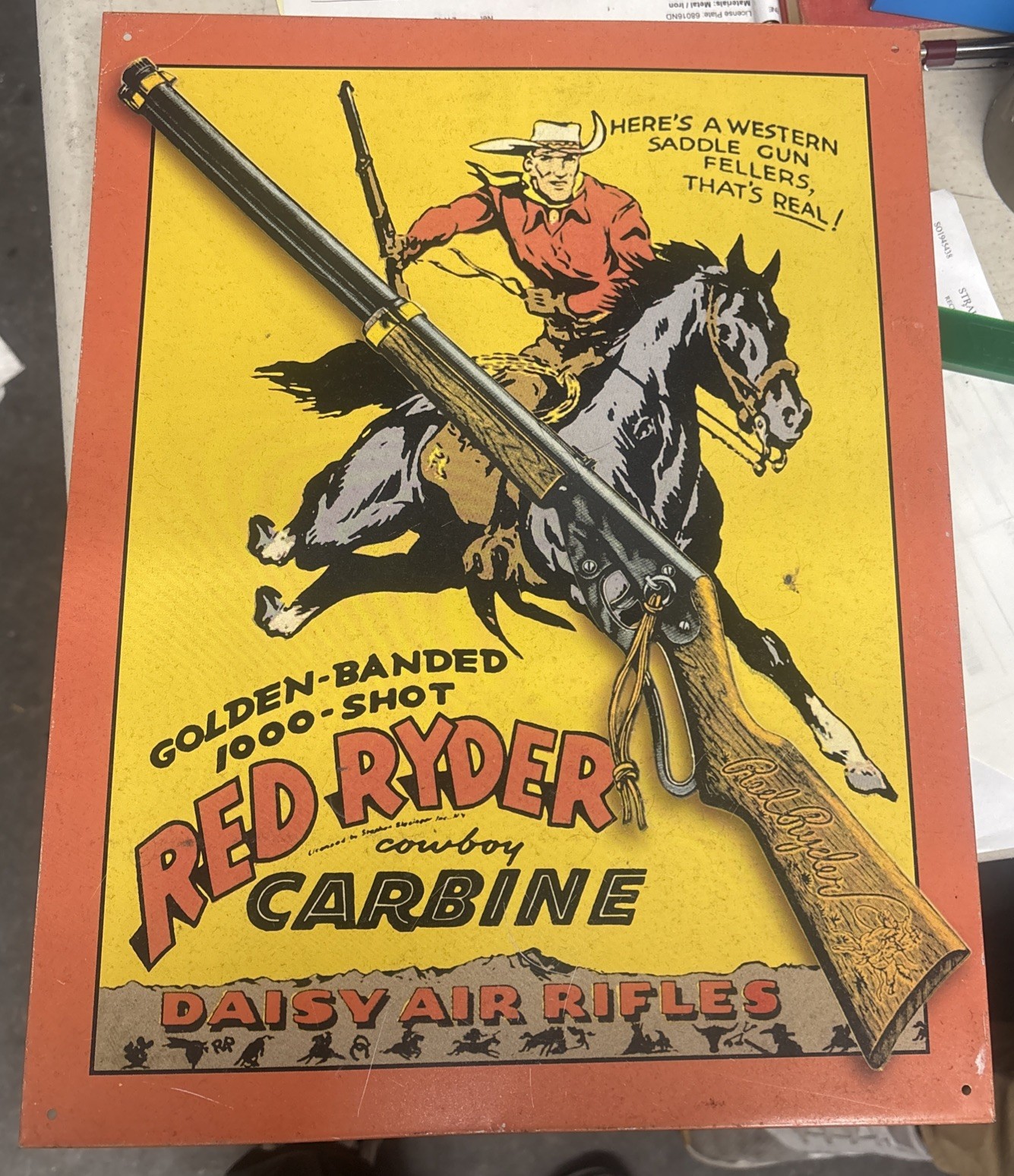 VINTAGE 12x16 in DAISY AIR RIFLE COWBOY RED RIDER ADV SIGN TIN METAL. VINTAGE 12x16 in DAISY AIR RIFLE COWBOY RED RIDER ADV SIGN TIN METAL.