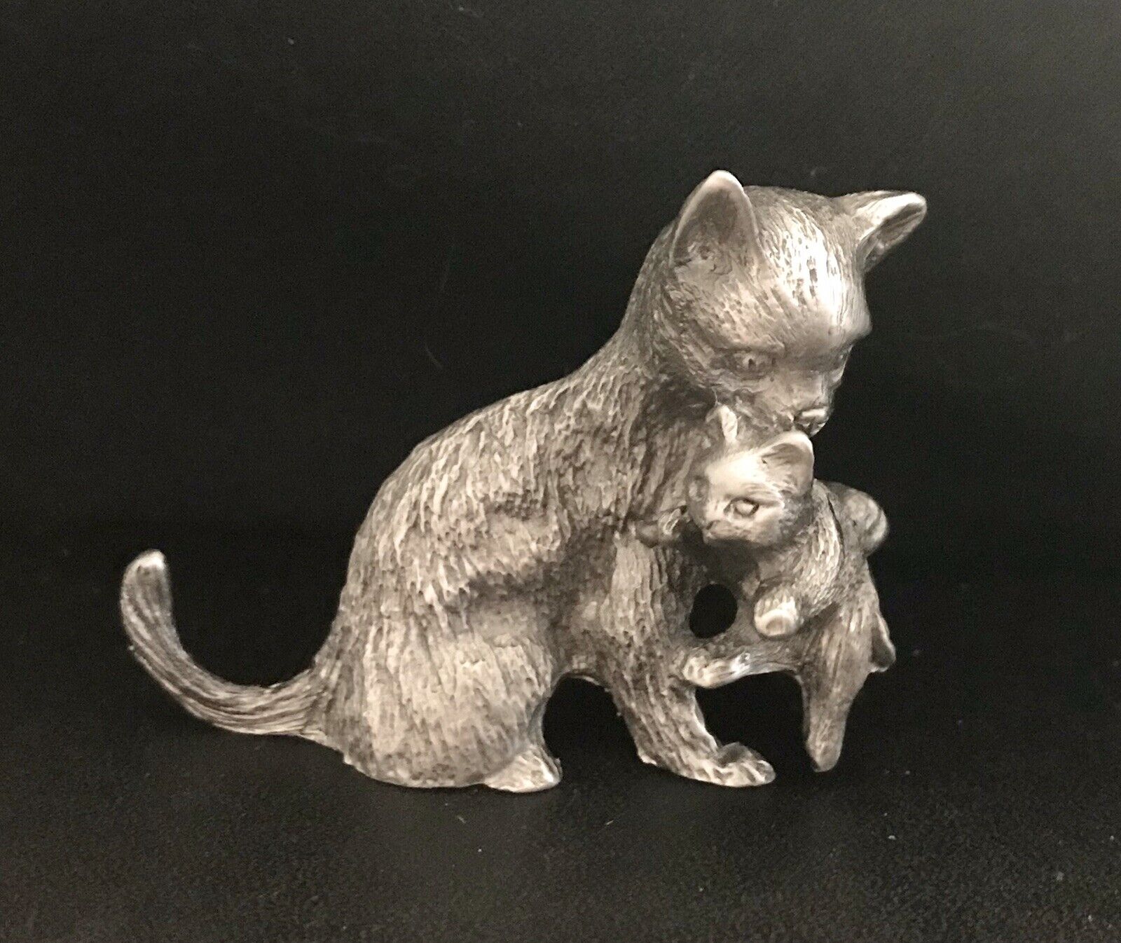 Pewter Mama Mother CAT Kitten Kitty Silver Metal Figurine Statue W