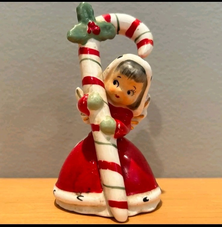 Napco 1956 Christmas Candy Cane Angel Bell Black Hair Girl Kitsch Japan 3BX2392