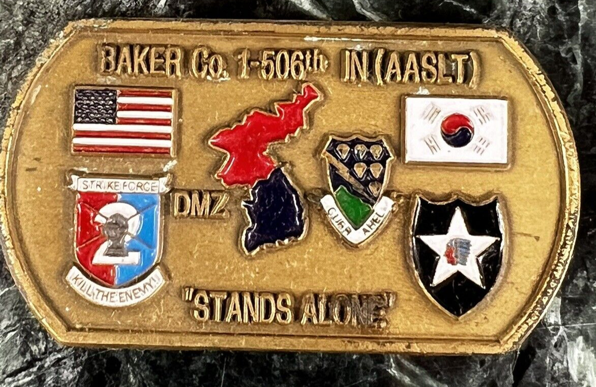 US ARMY Baker Co 1-506th Infantry (AASLT) DMZ Korea Challenge Coin, Stands Alone