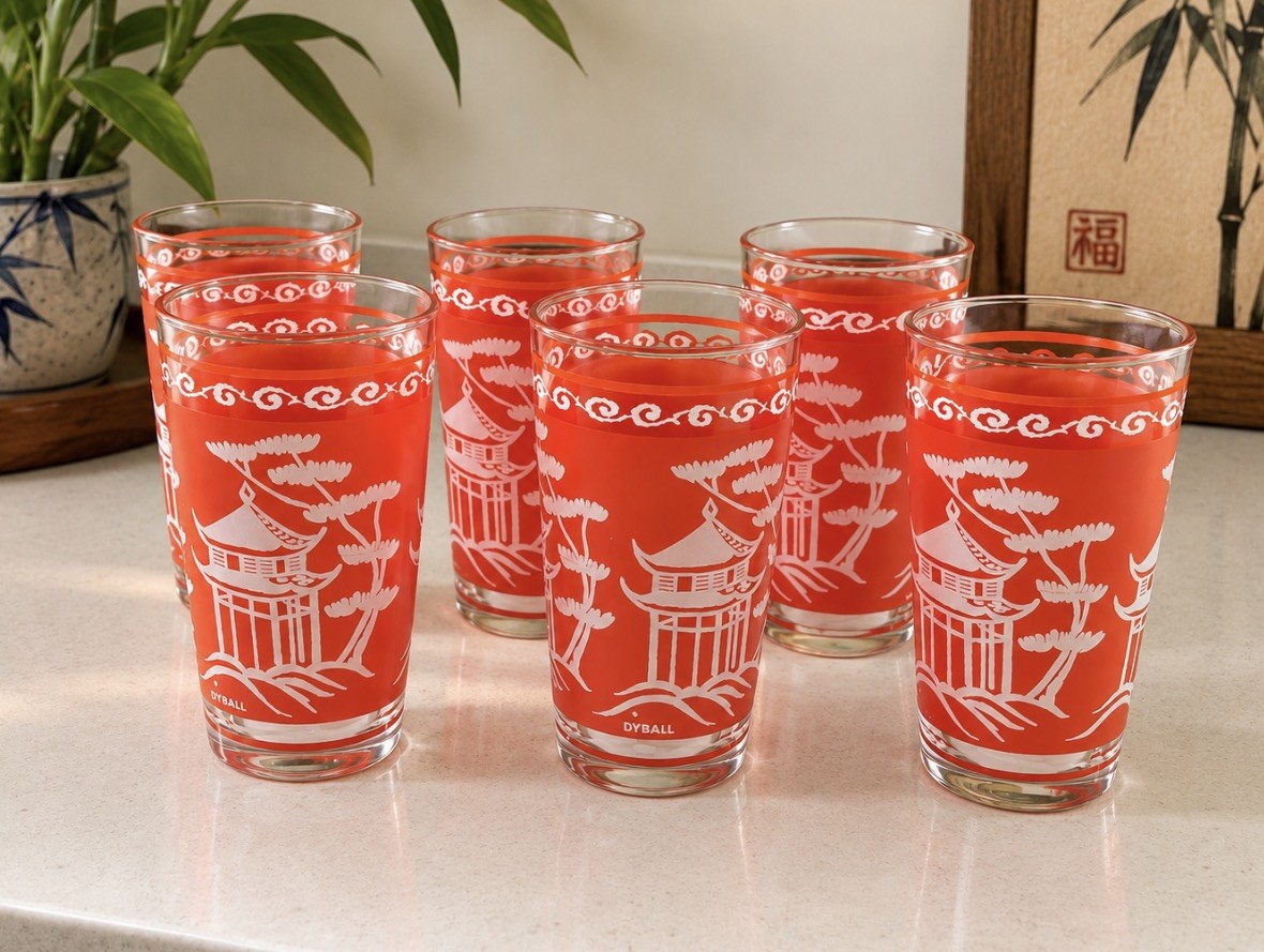 Vintage Dyball Coral Pagoda Highball Glasses Set of 6 Asian MCM Barware 