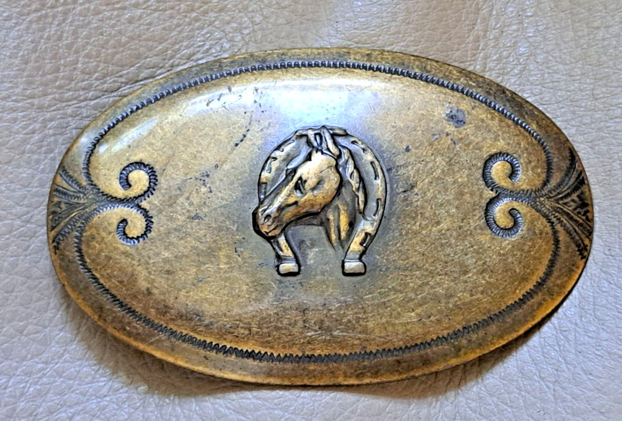 Vintage horse head lucky horseshoe Western Americana  belt buckle 1.50 belt