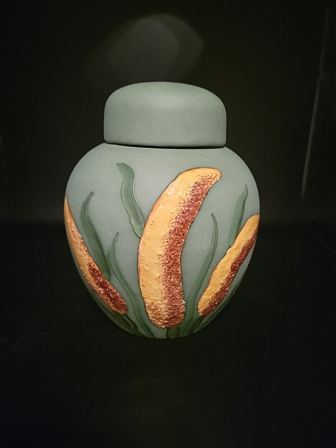 Green Ginger Jar With Painted Cattails