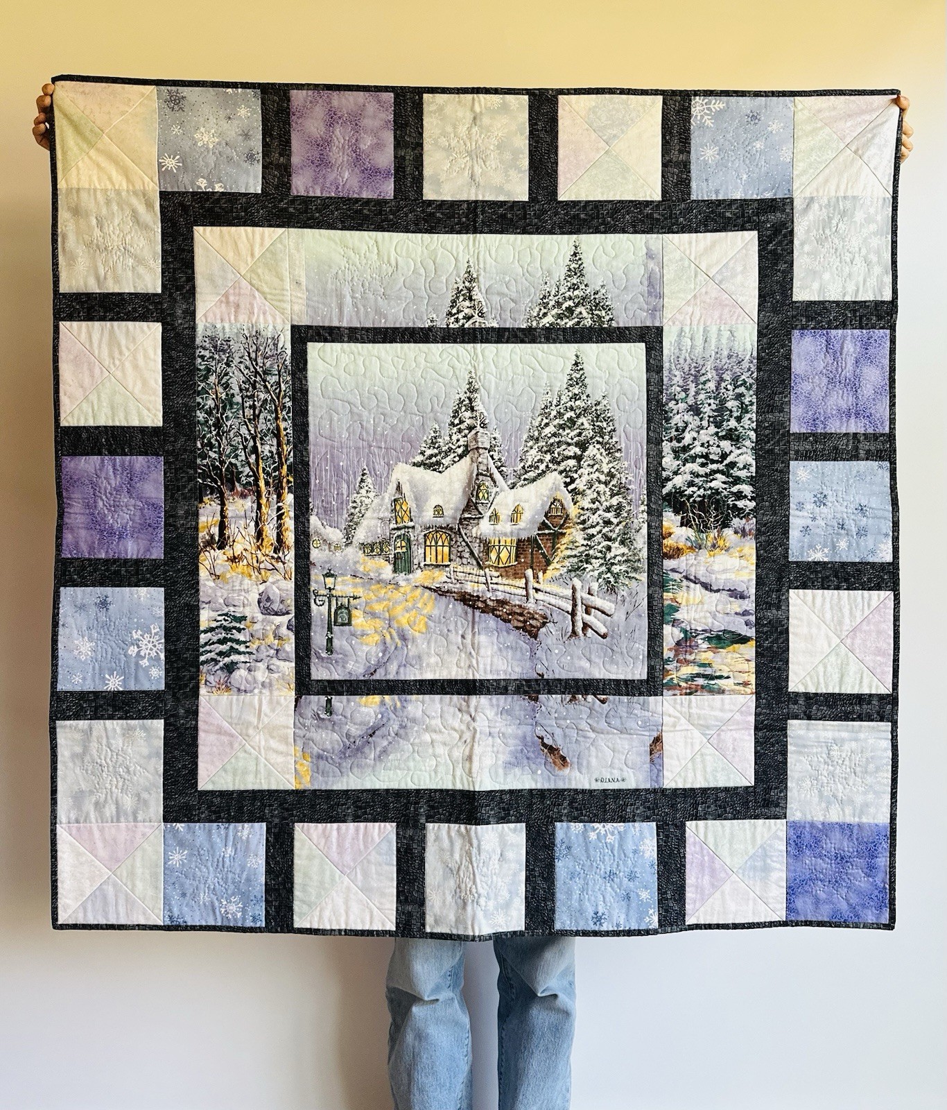 Vintage Handmade Winter Cottage Quilt Snow Cabin Wall Hanging 48x49 Cottage Core