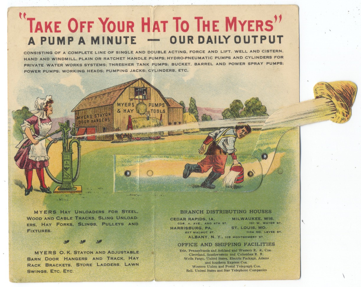 Extremely Rare MYERS PUMPS & HAY TOOLS Mechanical Trade Card ca1890s ASHLAND OH