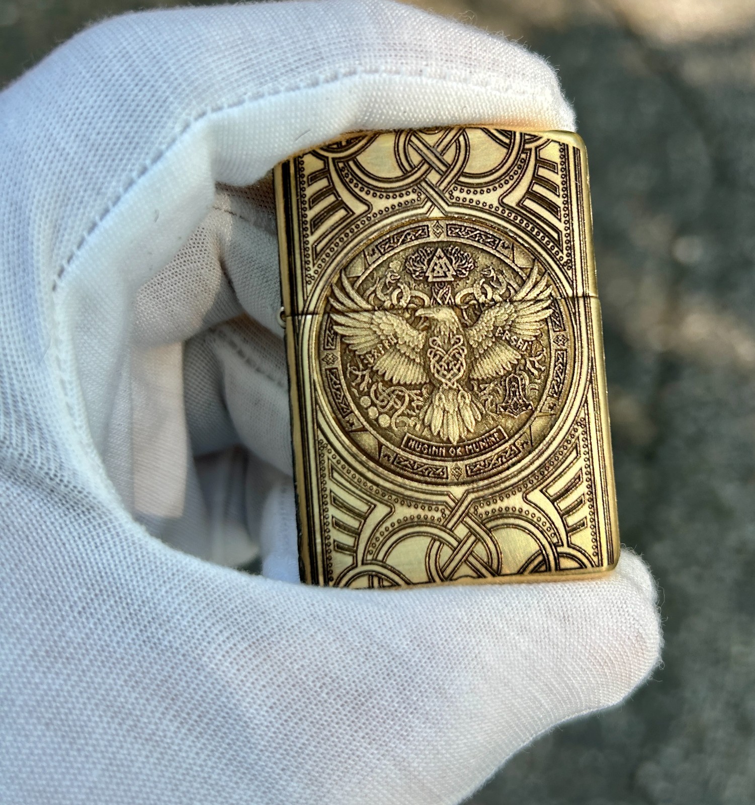 Custom Brass Armor Zippo Lighter | Norse Engraving Odin’s Raven & Mjöllnir |