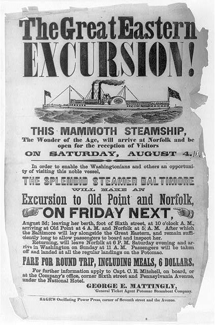 Washington DC Norfolk VA 1880s Great Eastern Excursion Steamer Baltimore Poster