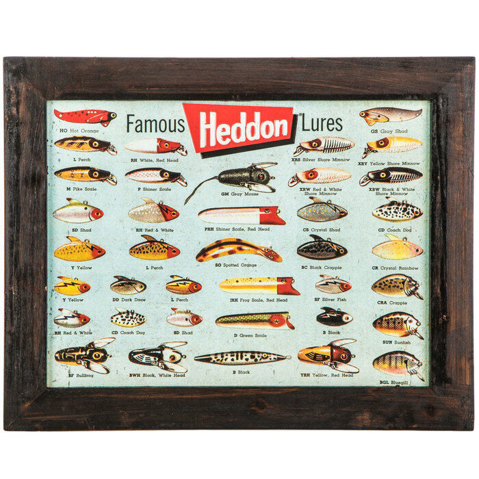 Heddon Famous Fishing Lures Wall Hanging Tin Sign Nautical Decor Vintage Tackle