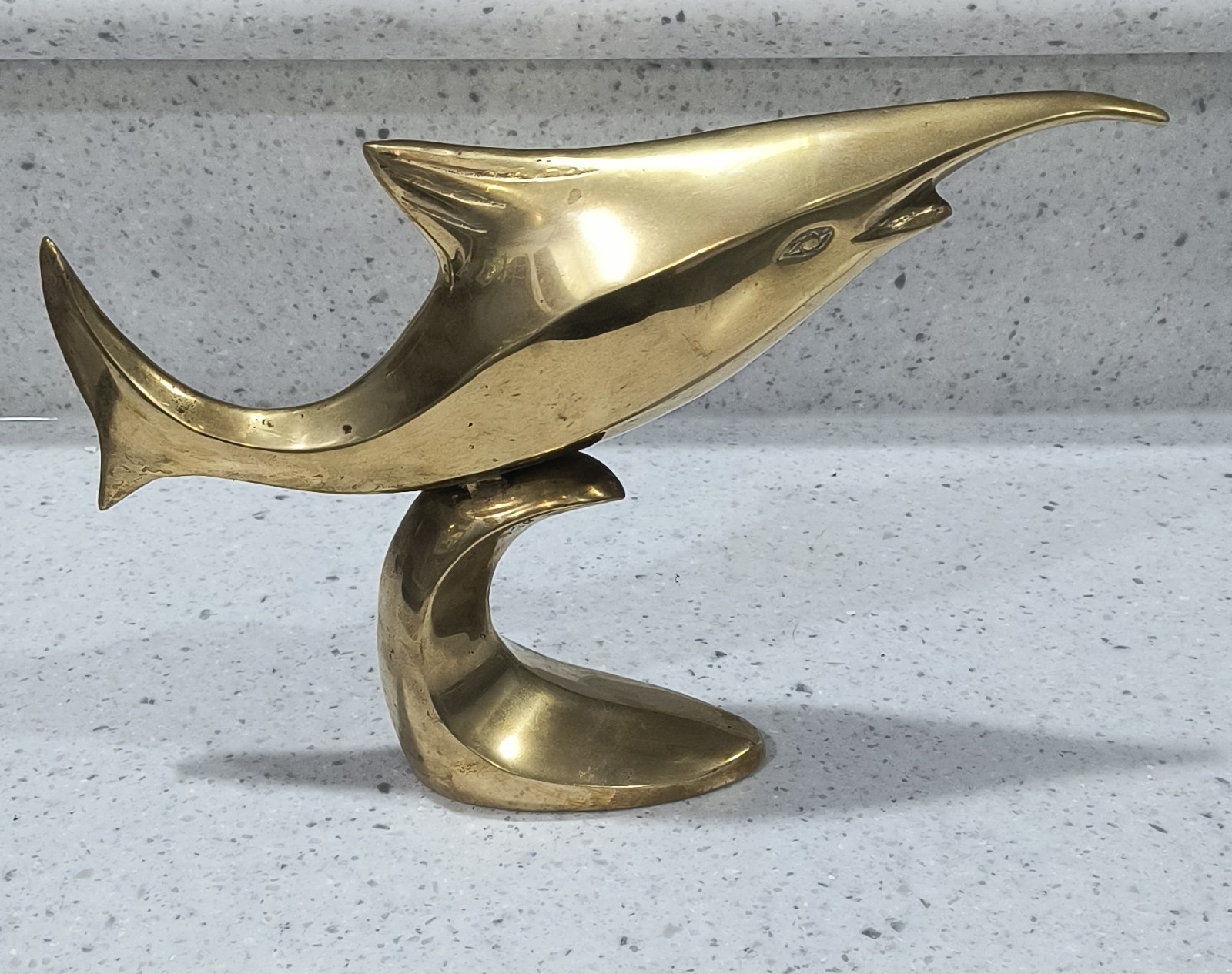 Vintage Solid Brass Swordfish Marlin on Wave Figurine Modernist Nautical Decor