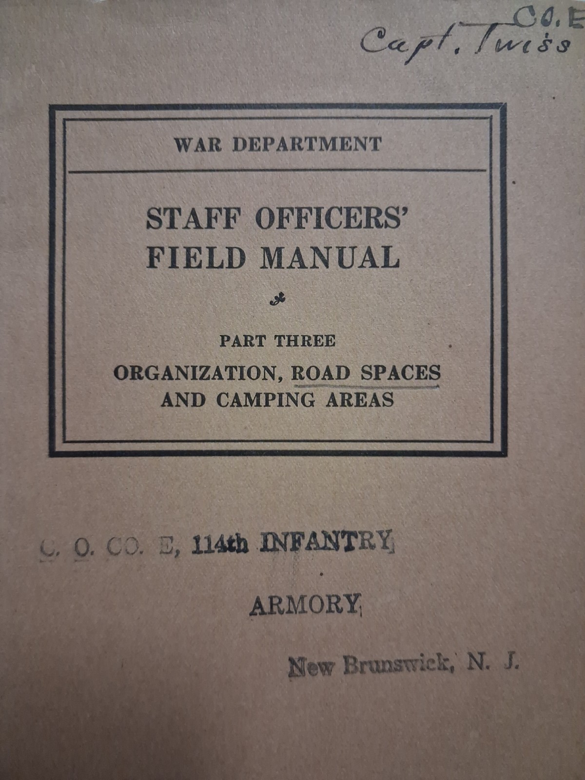 1932 War DEPARTMENT New Brunswick NJ Middlesex CAPT TWISS 114th Infantry