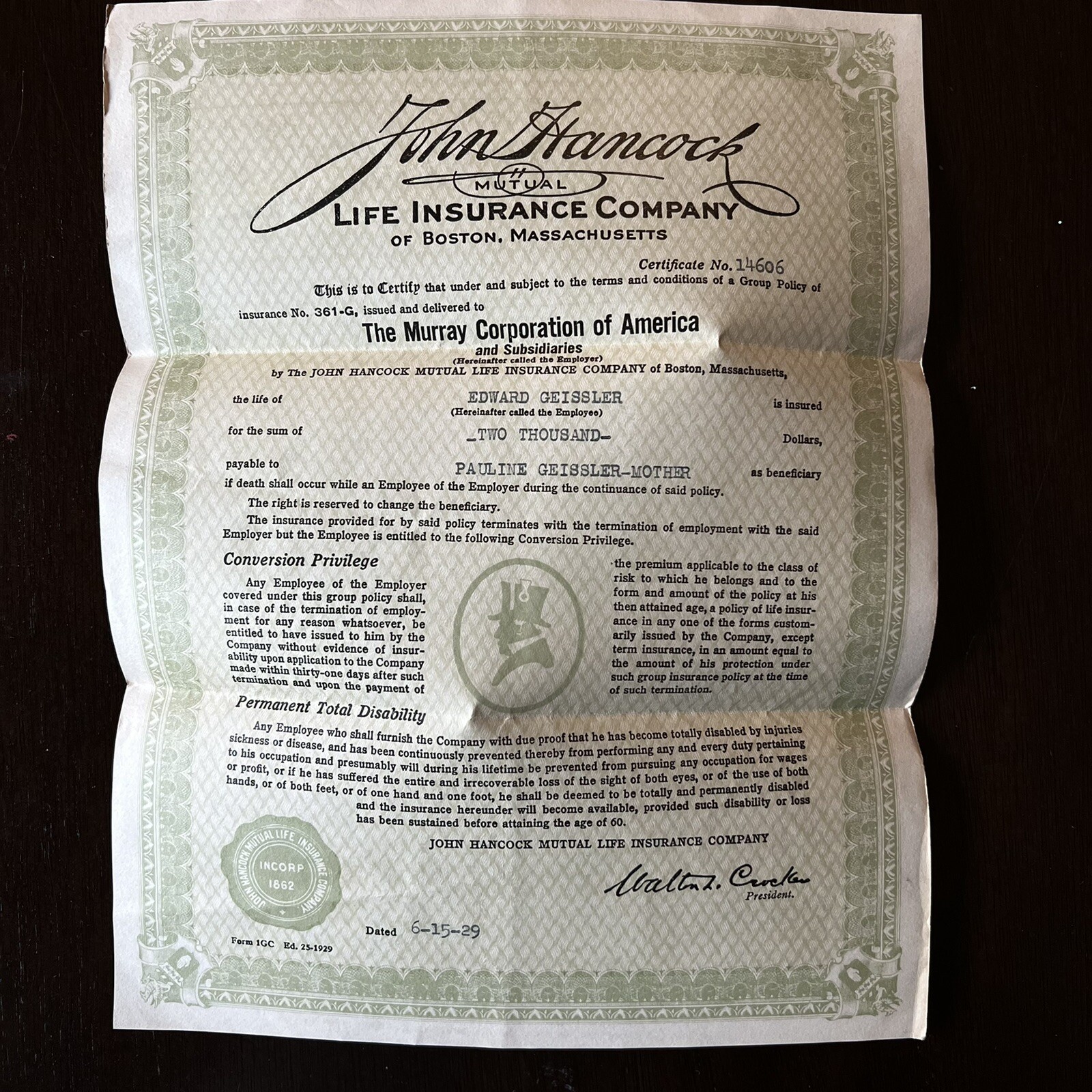 1929 JOHN HANCOCK LIFE INSURANCE POLICY CERTIFICATE MURRAY CORPORATION $2,000