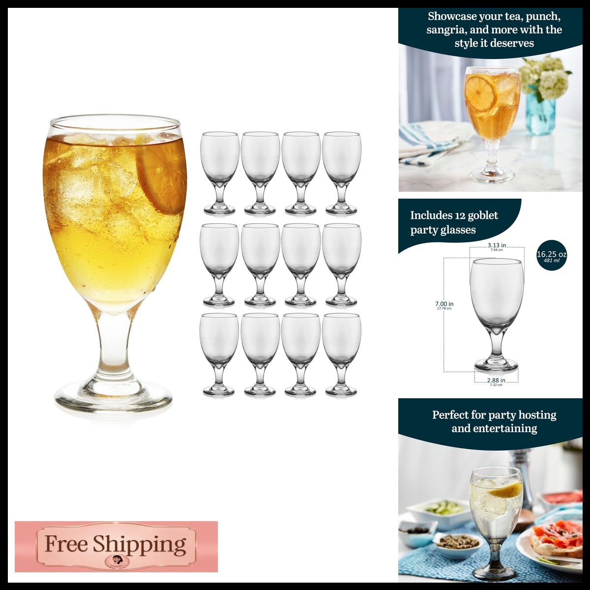 Libbey Classic Stemmed Goblets Set of 12, 16.25 oz