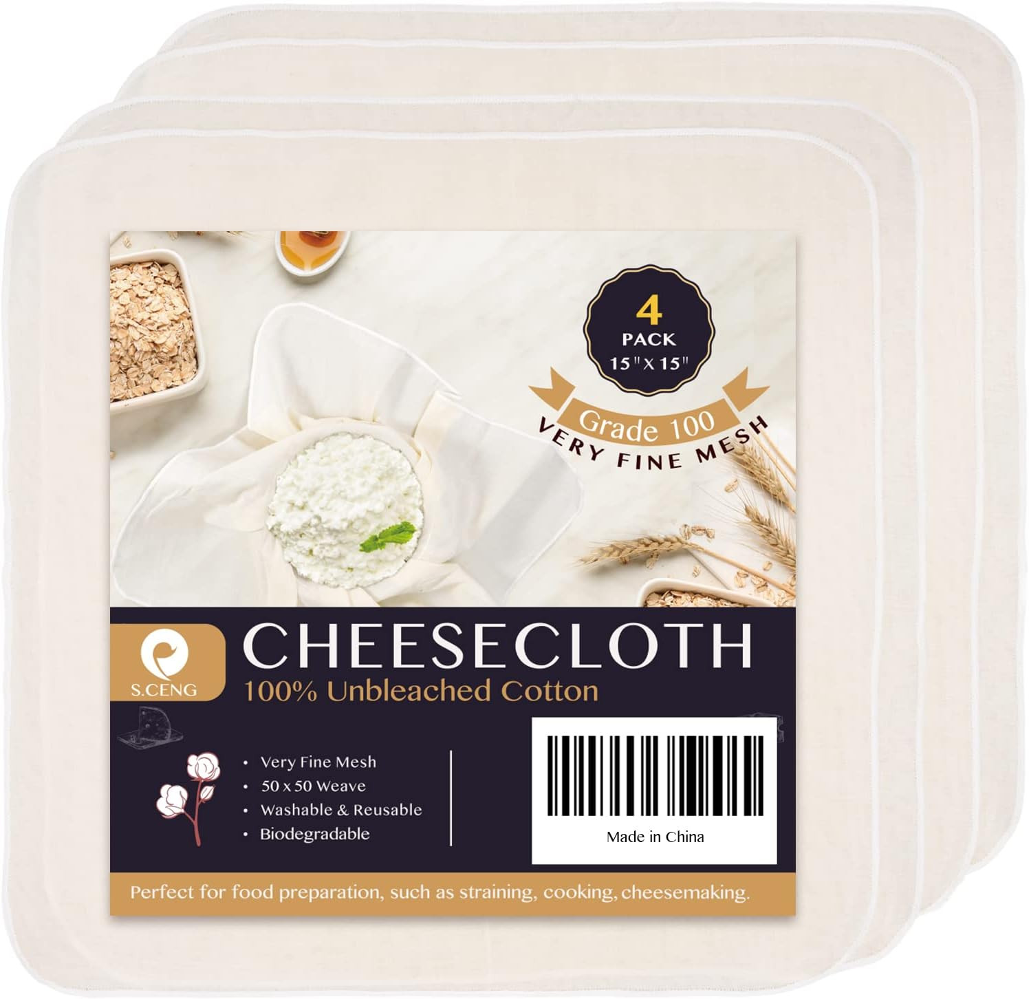 Precut Cheesecloth, 15 X 15\'\' 4 Pack, Grade 100, Ultra Fine Cheese Cloth for Str