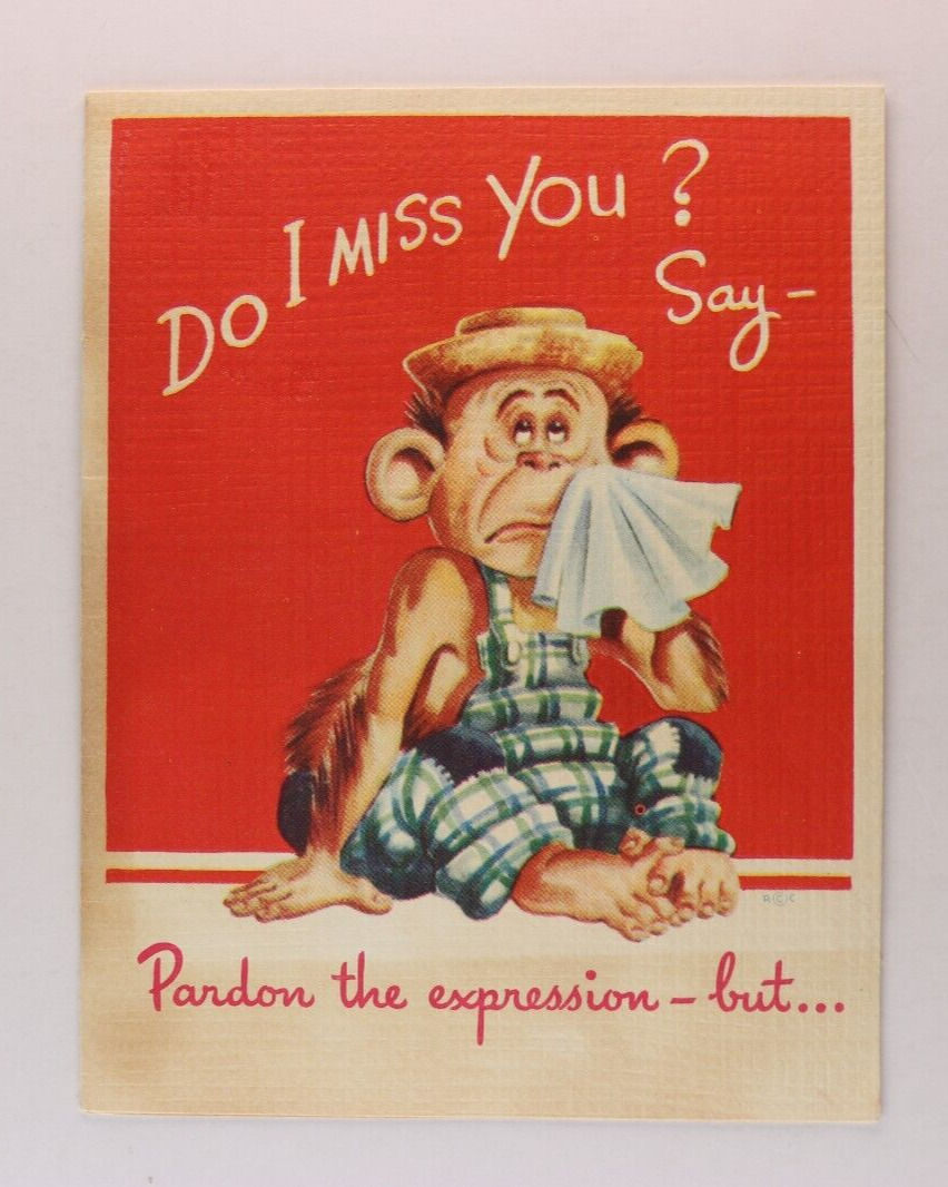 Vintage Cute Lousy Monkey\'s I Miss You Rust Craft Greeting Card c.1948