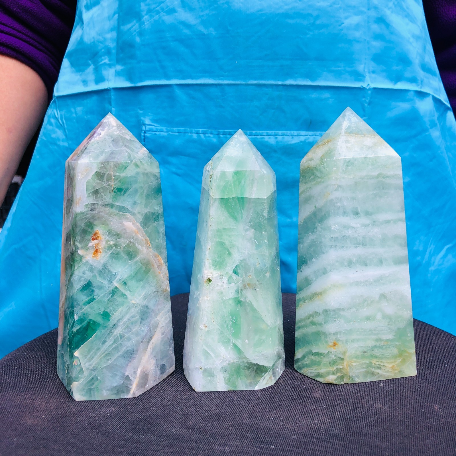 5.25LB 3Pc Natural Beautiful Green Fluorite Crystal Hexagon Tower Quartz Healing