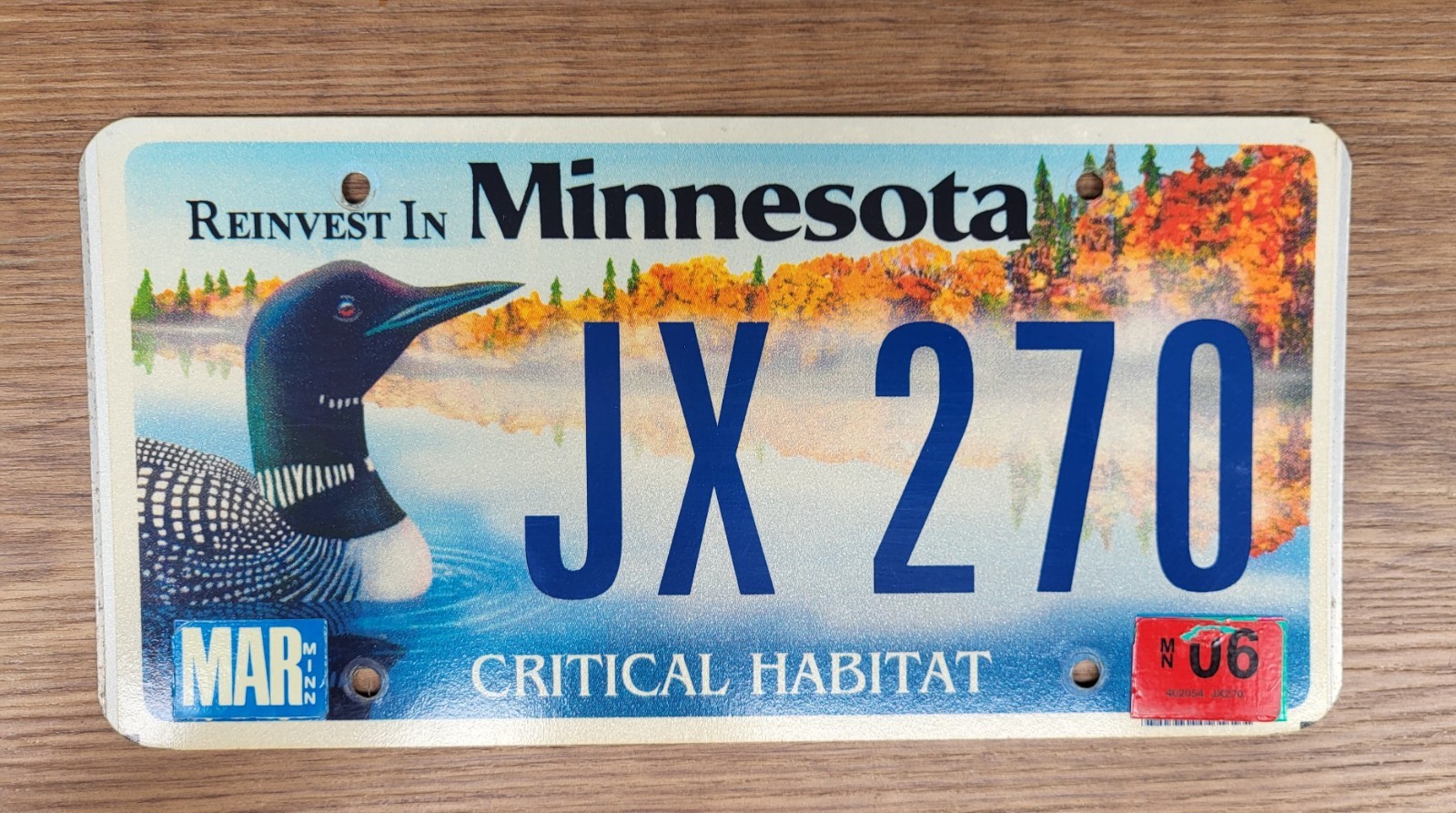 2006 Minnesota Critical Habitat LOON License Plate Tag  #JX 270  Wildlife