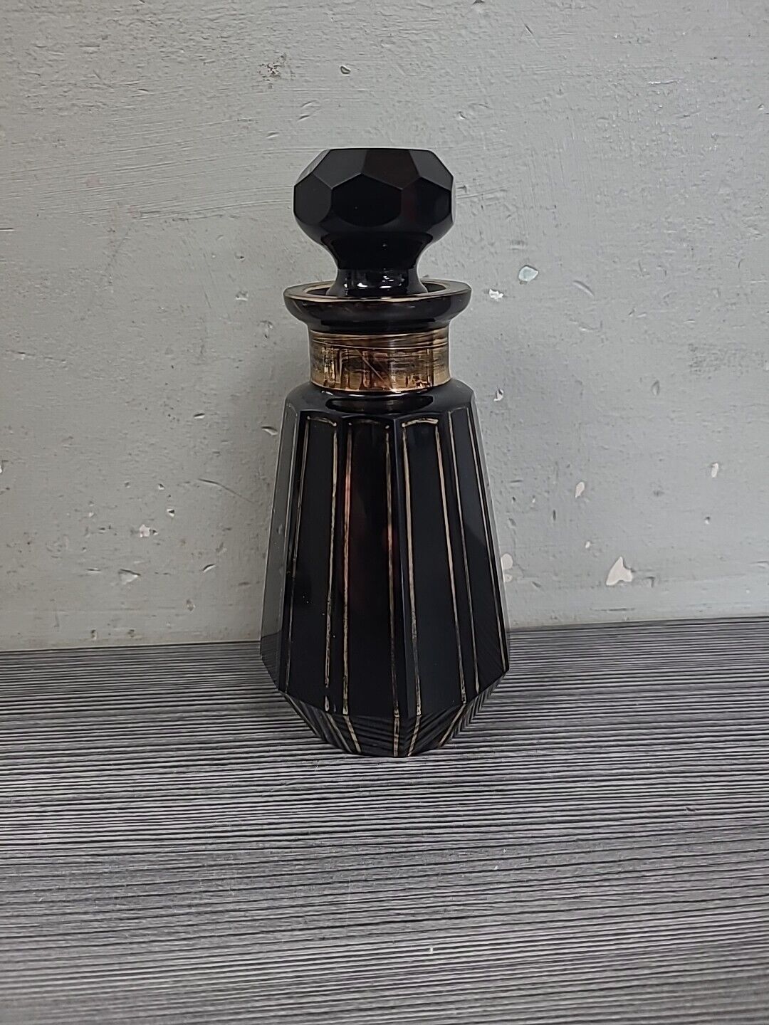 Vintage Czech Black Glass Perfume Bottle W Stopper Gold Deco Hollywood Regency