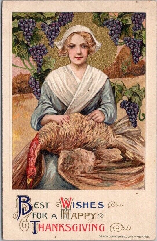 Vintage 1912 Winsch Schmucker THANKSGIVING Postcard Pilgrim Lady Plucking Turkey