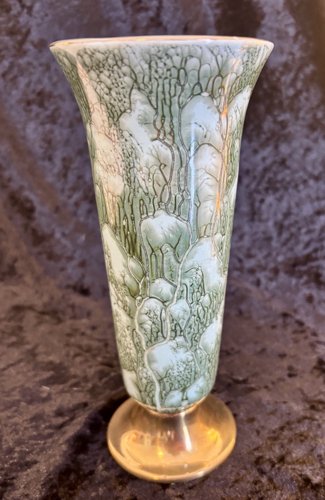 VTG Handpainted Delftware w/Luster & Brass Footed Ceramic Vase, 8-3/8” Portugal VTG Handpainted Delftware w/Luster & Brass Footed Ceramic Vase, 8-3/8” Portugal