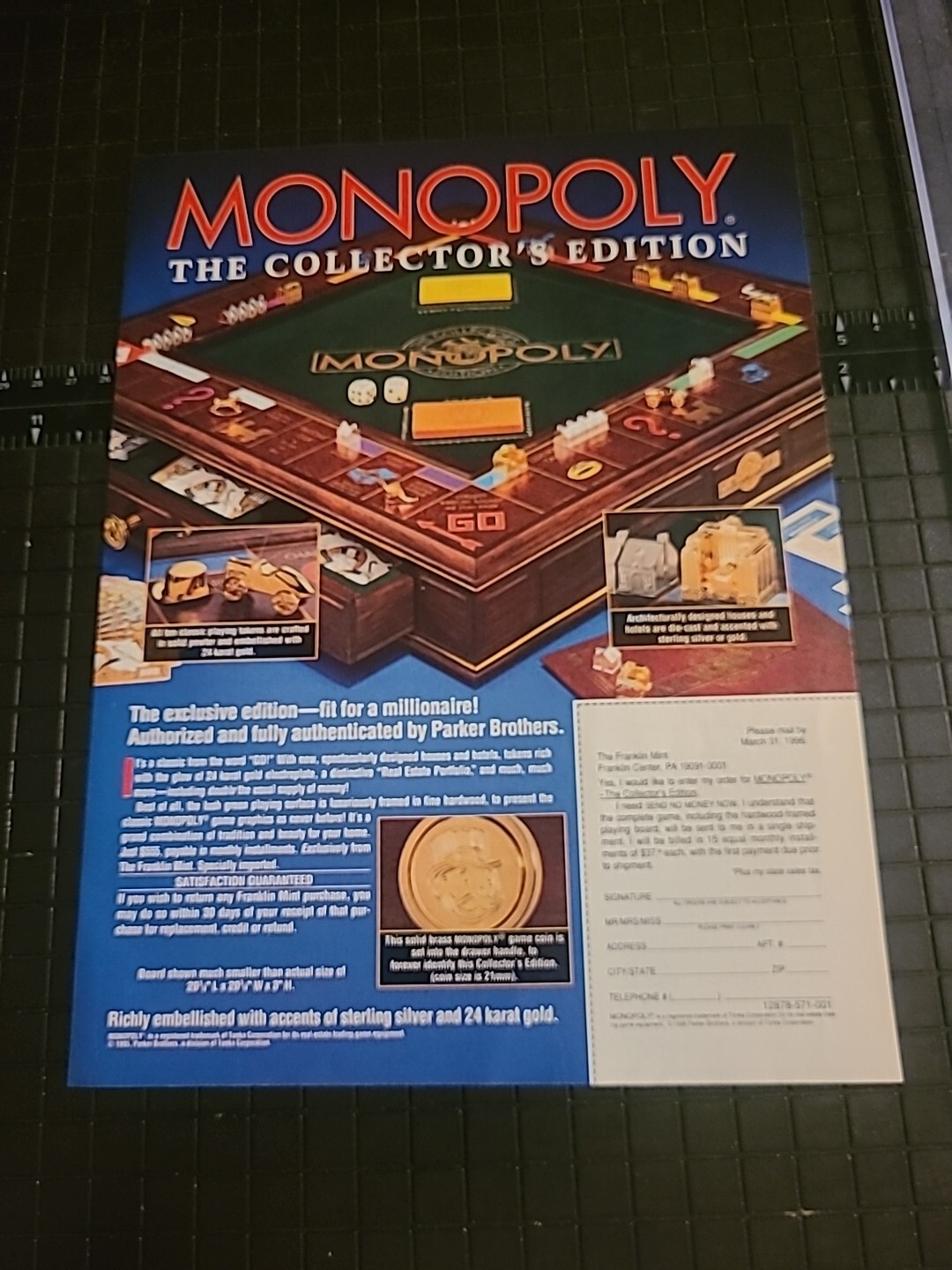 Monopoly The Collector's Edition Franklin Mint Print Ad 1996 8x11 