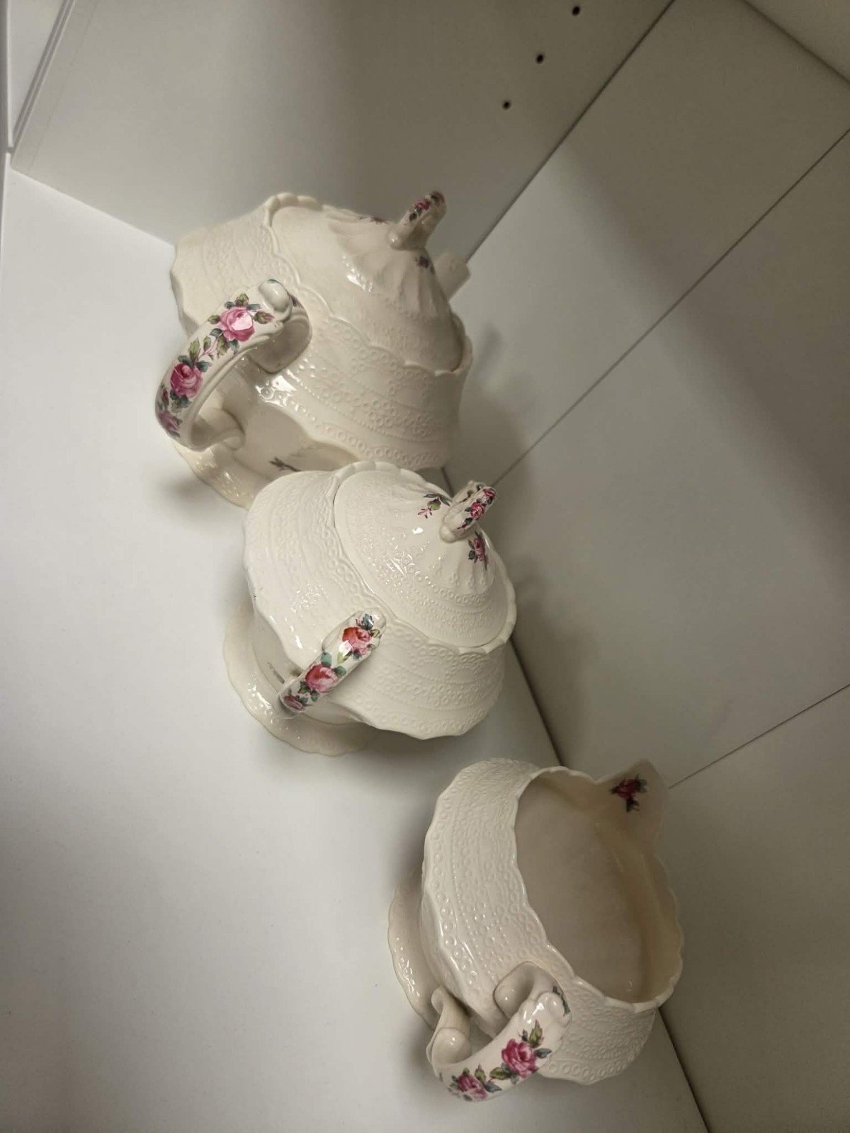 Vintage Spode Copeland Billingsley Rose Jewel Tea Set - Teapot, Sugar & Creamer