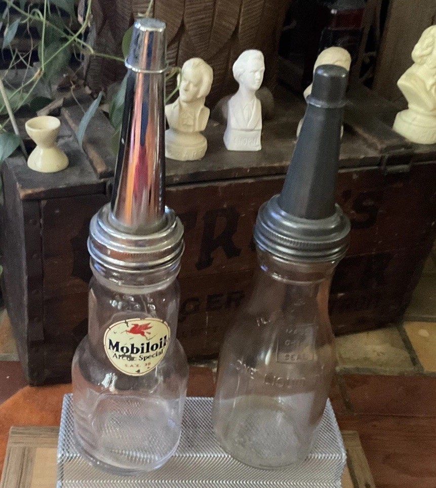 Vintage Glass Oil Quart Bottles w/ Metal Pour Spouts - Mobil/ Mobil Oil Arctic +