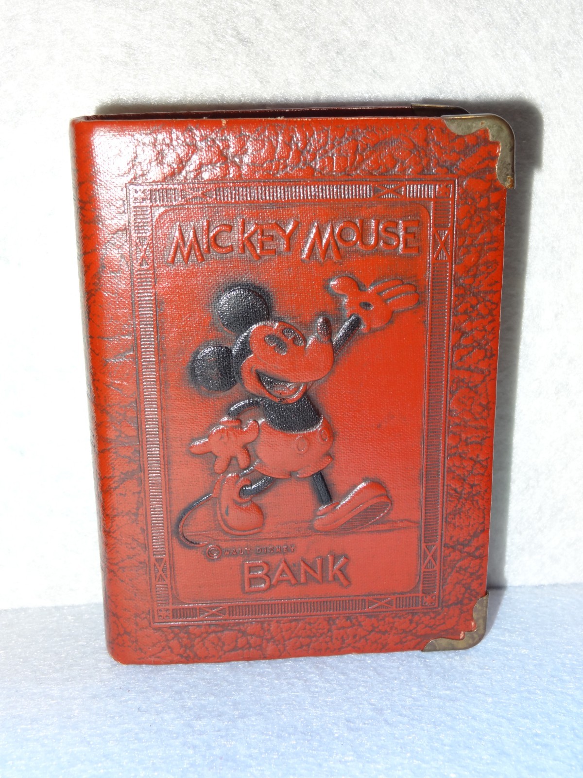 Vintage Disney 1930's Mickey Mouse Red Leather Book Bank by Zell No Key Vintage Disney 1930's Mickey Mouse Red Leather Book Bank by Zell No Key