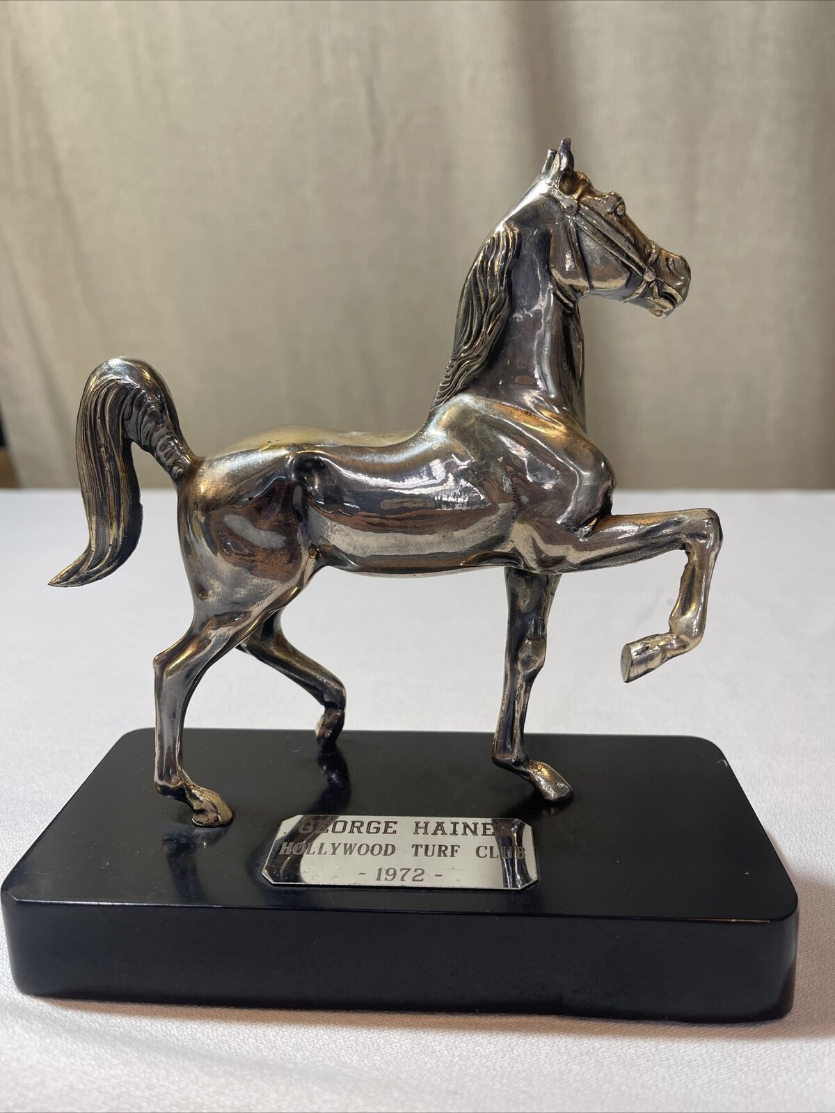 Vintage Brass Horse Statue on Marble Base George Haines Hollywood Turf Club 1972