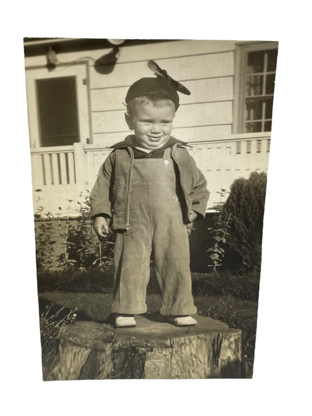 Vintage Little Boy Wearing a Beanie Propeller Hat in Overalls Snapshot Photo