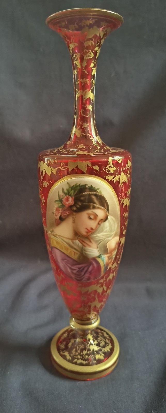 Antique Hand-Painted Bavarian Portrait Vase, Cranberry Glass w/ Gold