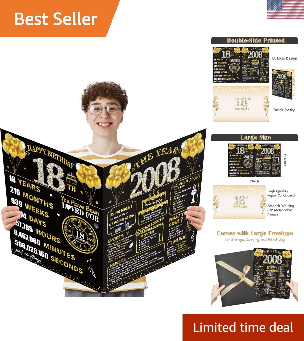 Large 18th Birthday Card With Envelope, Black Gold Happy 18th Birthday Giant ...