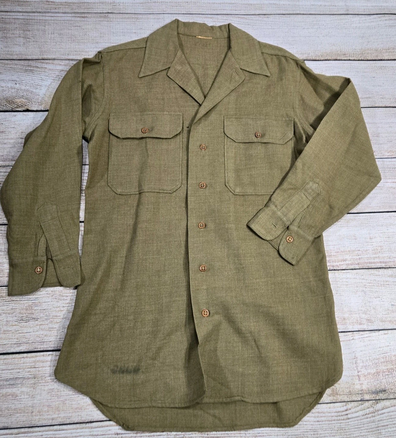 Vintage 30s 40s WWII Wool Flap Army Military Button Uniform Work Shirt Lrg Mint