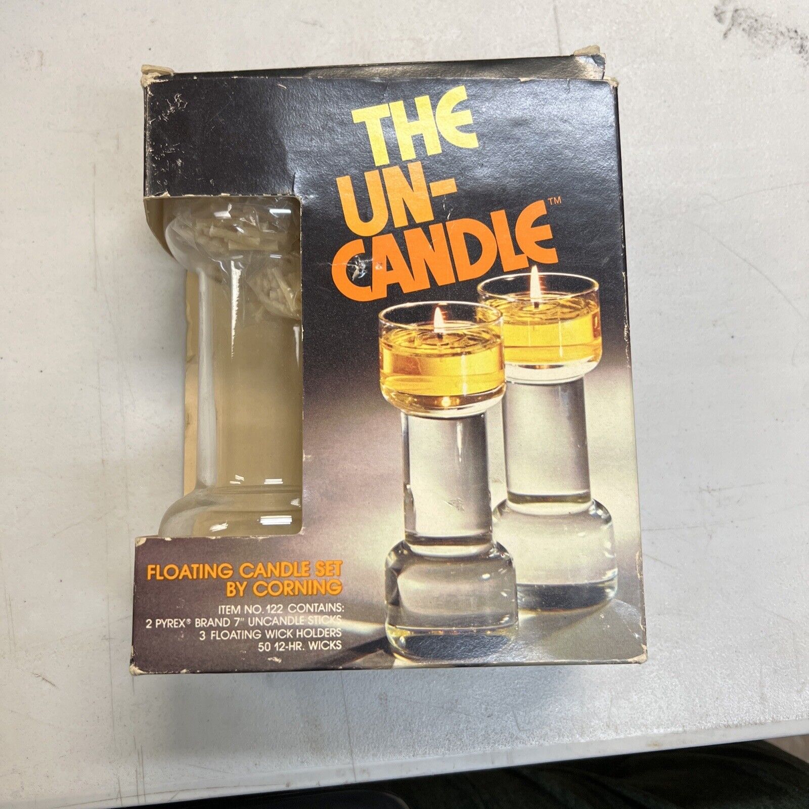 The Un-Candle Corning 9 Inch Floating Candles 2 MCM Holders Wicks NIB Vintage