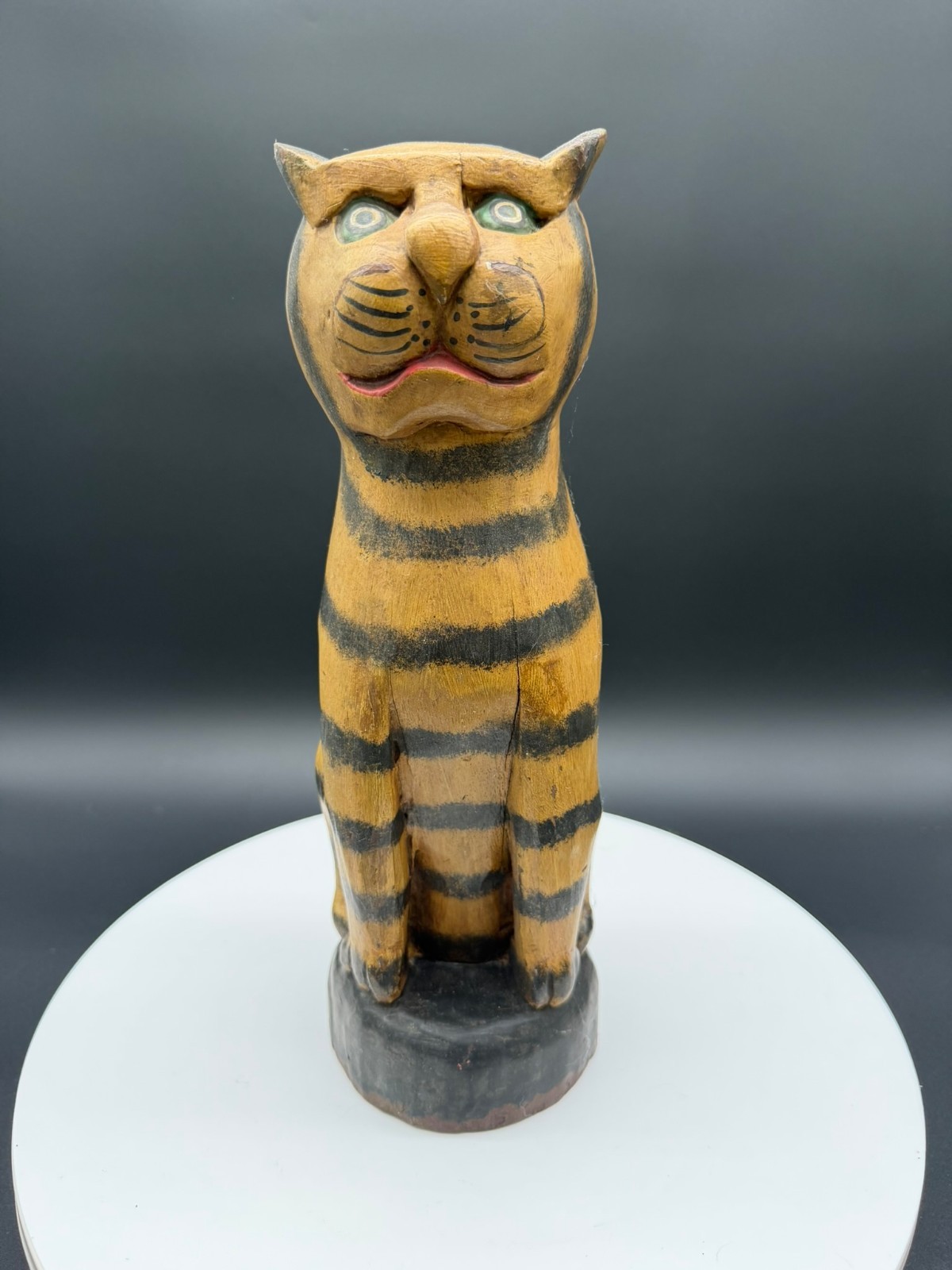 Folk Art Carved Wood Tabby Cat 12\