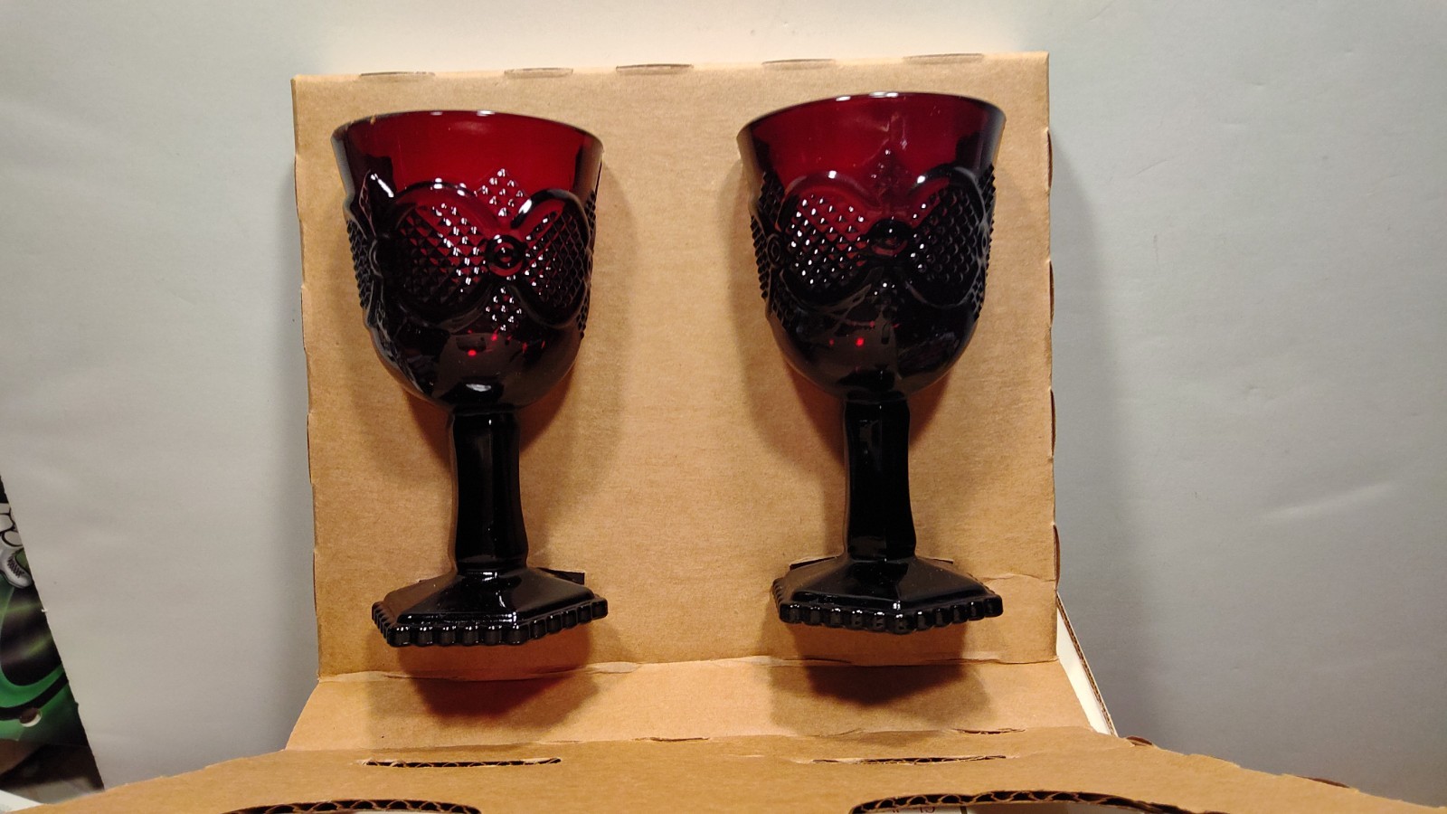 Avon Cape Cod Ruby Red Glass Boxed Set of 2 Elegant Wine Glasses