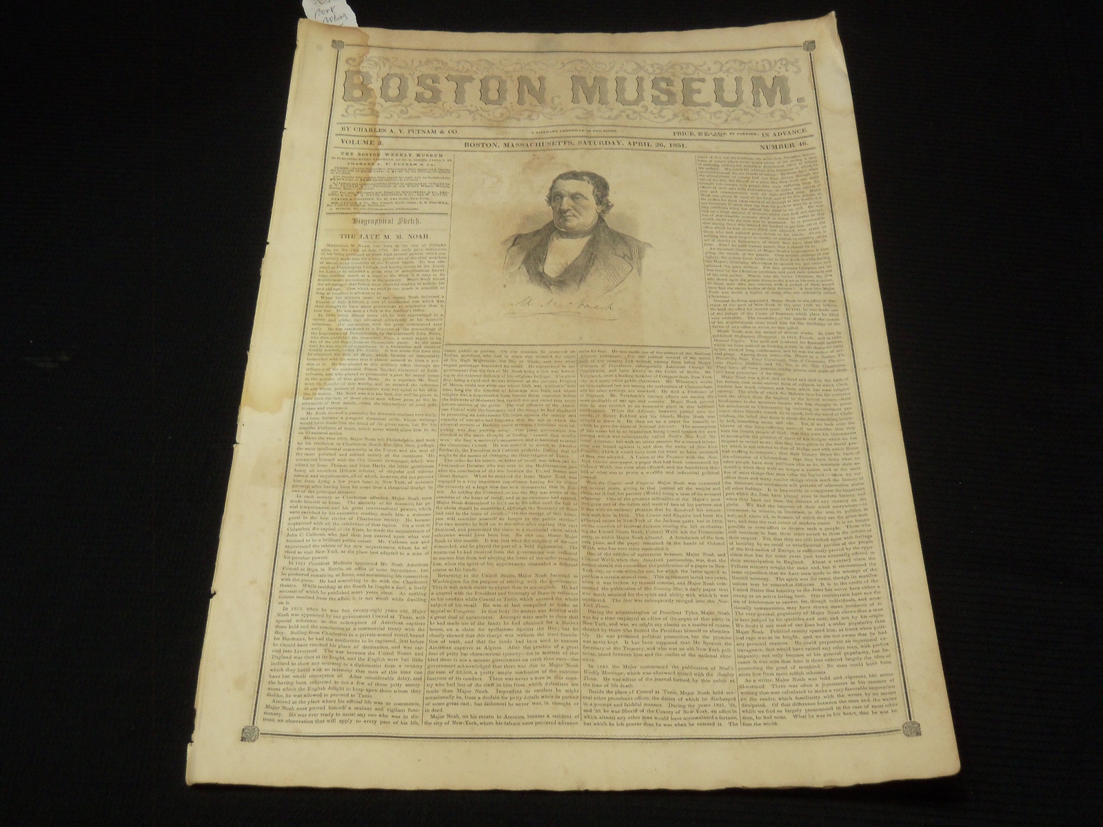 1851 APRIL 26 BOSTON MUSEUM NEWSPAPER - HOUSE OF SEVEN GABLES -M. NOAH - NP 9026 1851 APRIL 26 BOSTON MUSEUM NEWSPAPER - HOUSE OF SEVEN GABLES -M. NOAH - NP 9026