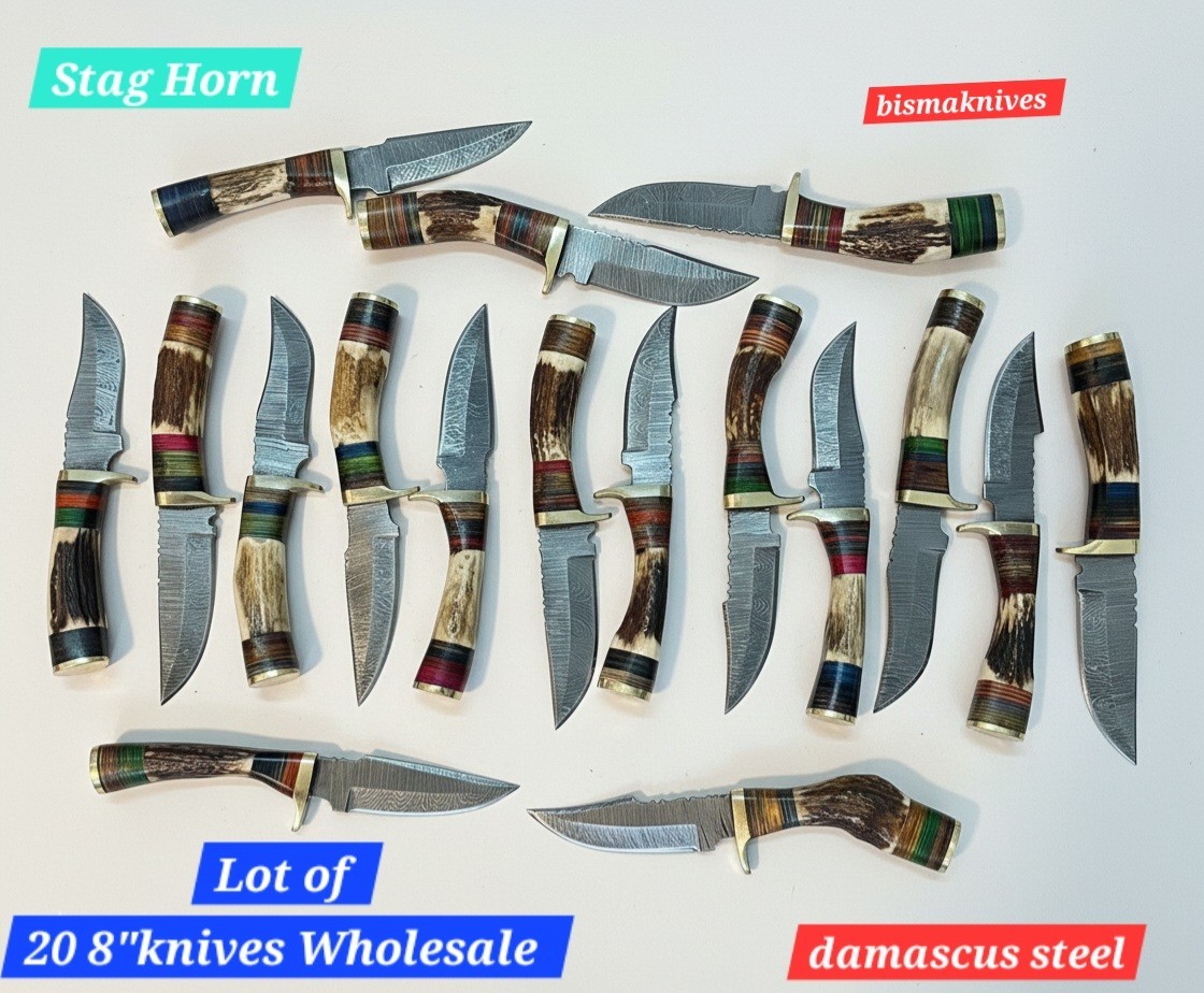 LOT OF 20 HANDMADE 6 INCHES STAG HANDLE KNIVES WITH  LEATHER SHEATH WHOLESALE