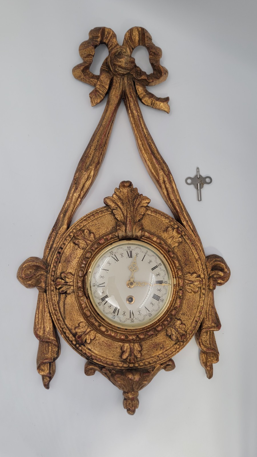 Vintage French Louis XVI Style Gilt Mechanical Wall Clock w/ Key Runs