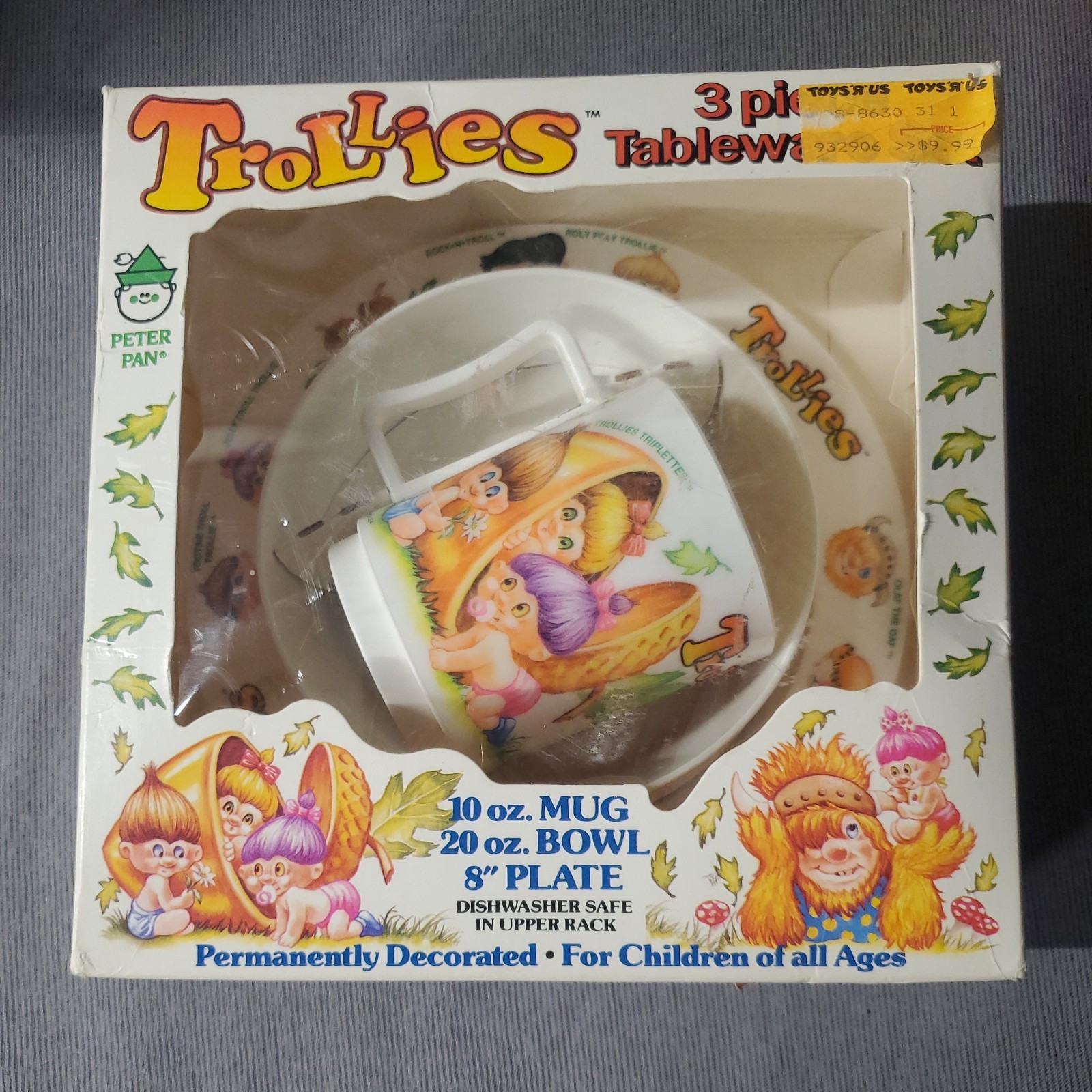 Vintage 1992 Peter Pan Trollies 3 Piece Tableware Dinnerware Set Mug Bowl Plate 
