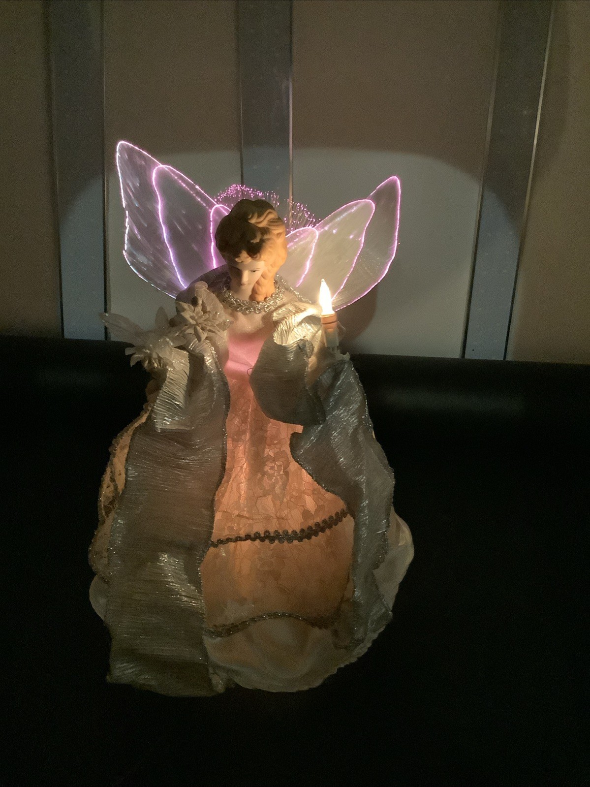 Vintage Northlight Lighted Angel Tree Topper Porcelain Silver Gown 12 Inch
