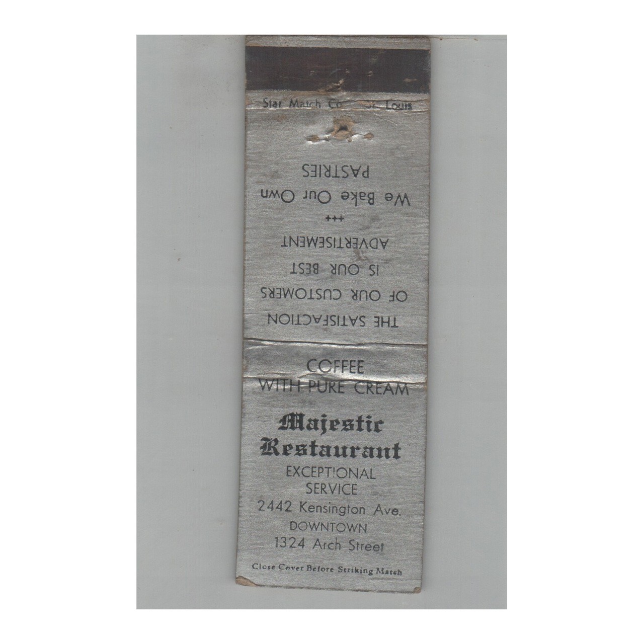 Matchbook Cover 1930s Star Match Co. Majestic Restaurant 1324 Arch Street