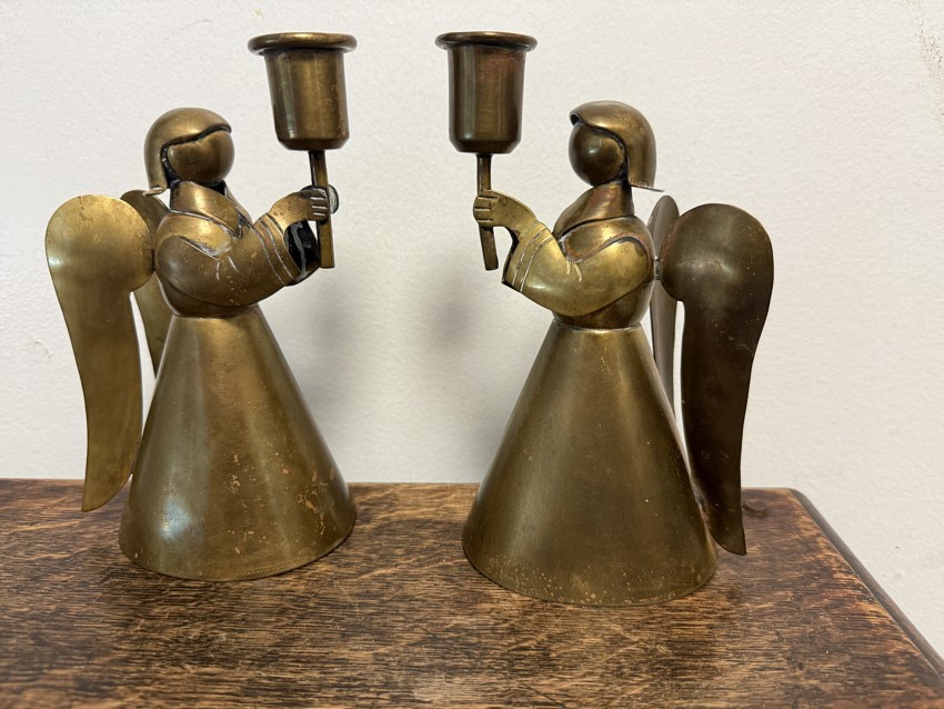 Authentic matched pair of Los Castillo brass angel candle sticks ci 1950 Taxco M
