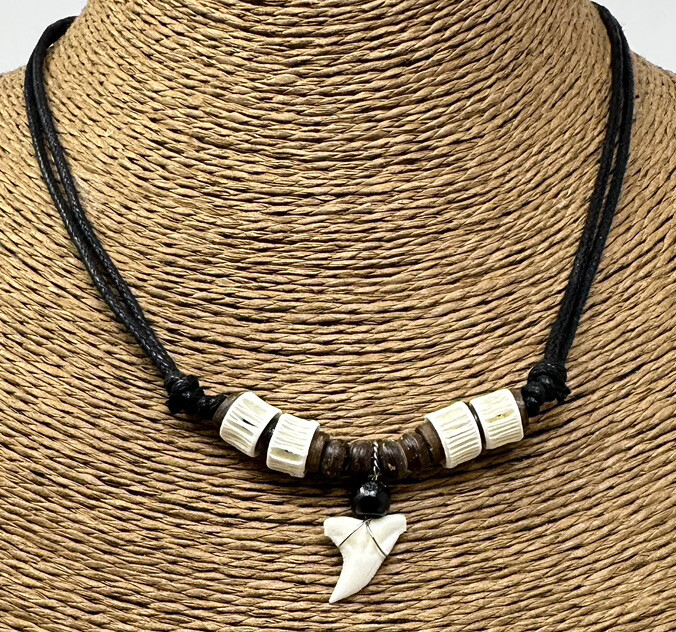 Real Mako Shark Tooth Pendant Surfer Necklace for Men | Wood Beads