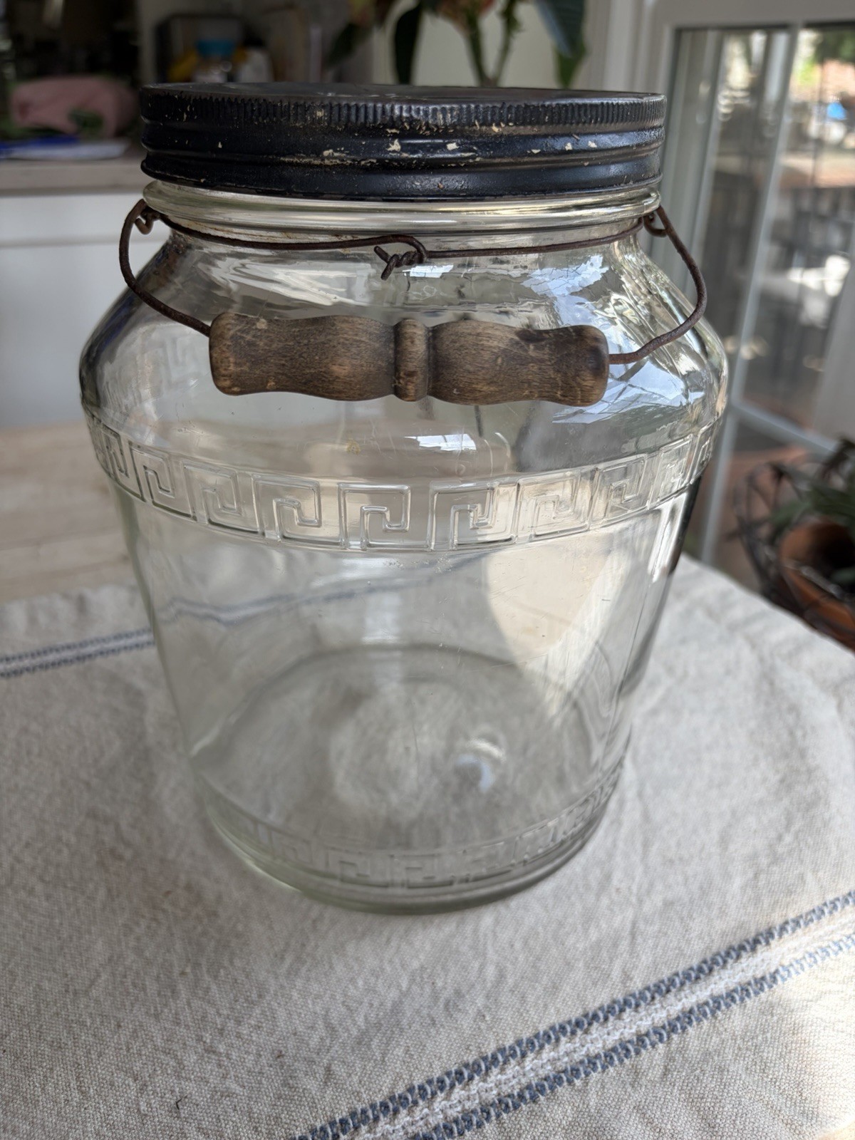 Antique Hazel Atlas Jar with Original Wire and Wooden Handle and Lid 1K 4421