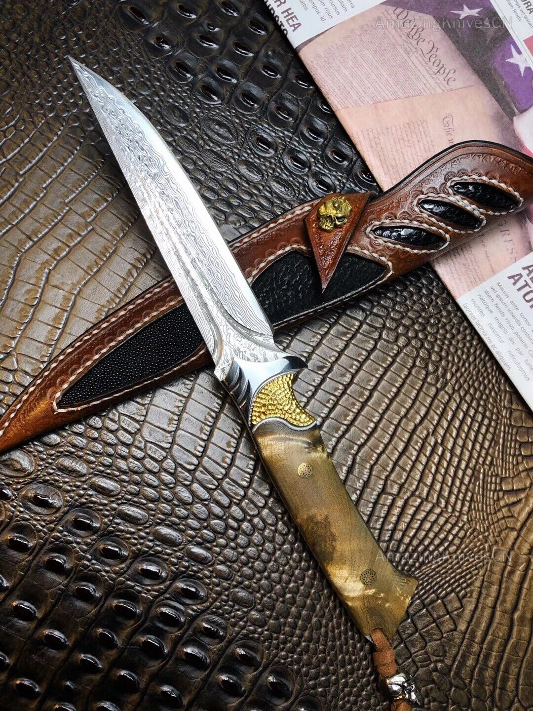 COLLECTIBLE VG10 DAMASCUS HUNTING KNIFE CAMPING SURVIVAL FIXED BLADE FULL TANG