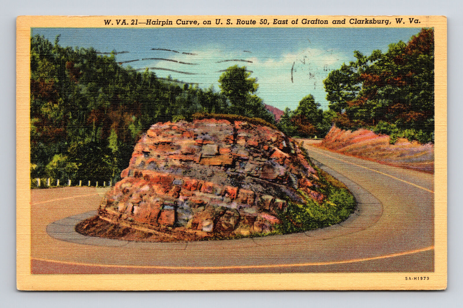 c1935 Linen Postcard Grafton WV West Virginia Hairpin Turn on US Route 50 Rte