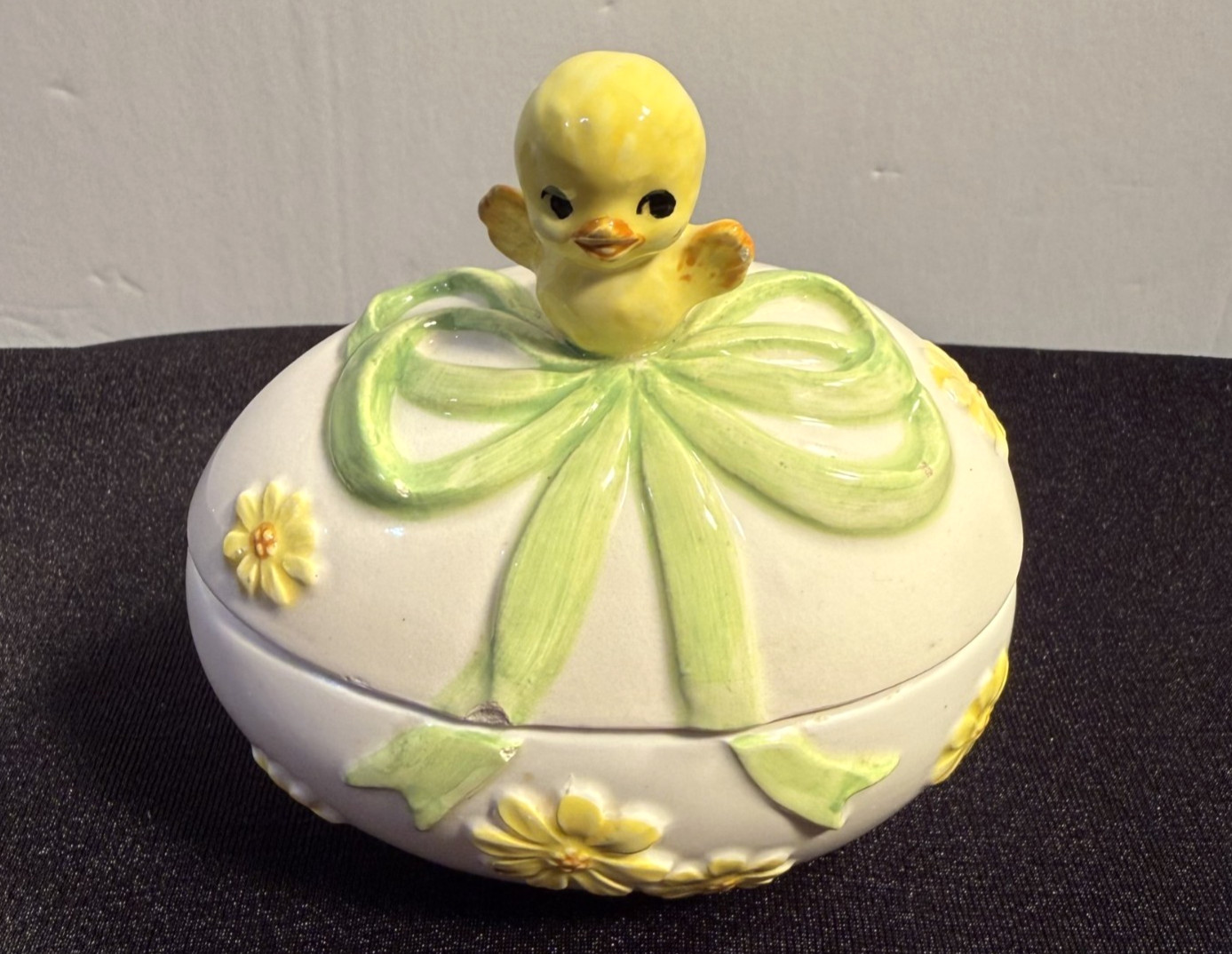 Vintage Lefton Ceramic Chick on Easter Egg Covered Candy Container Dish MCM