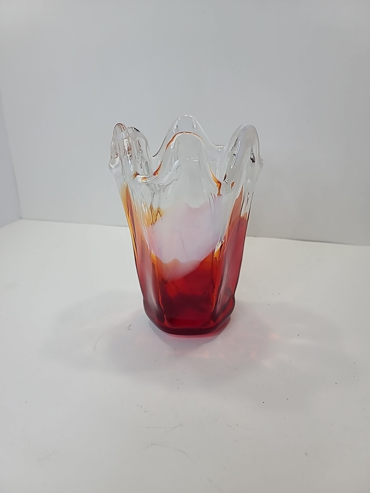 Vintage Handblown Orange, Red, Clear & White Glass Art Vase 6.75\