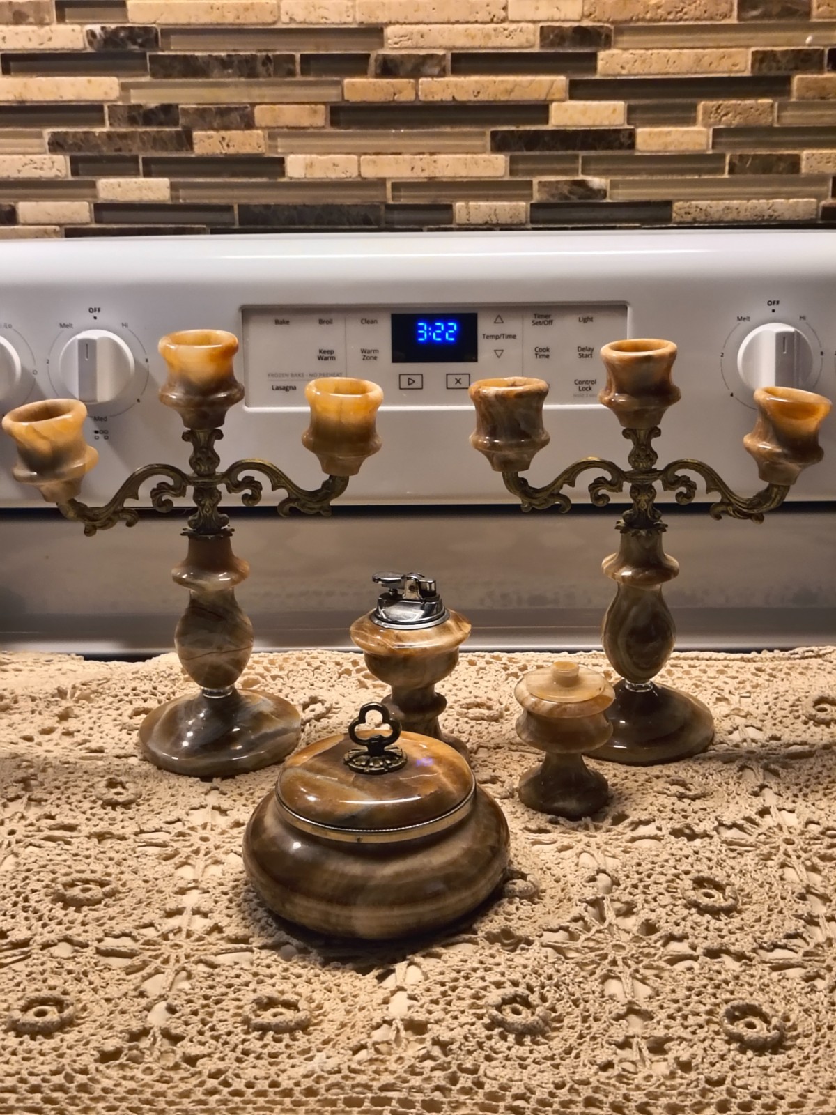 Vtg. 1960s Mid-Century Banded Onyx & Brass 5-Piece Vanity Smoker Set