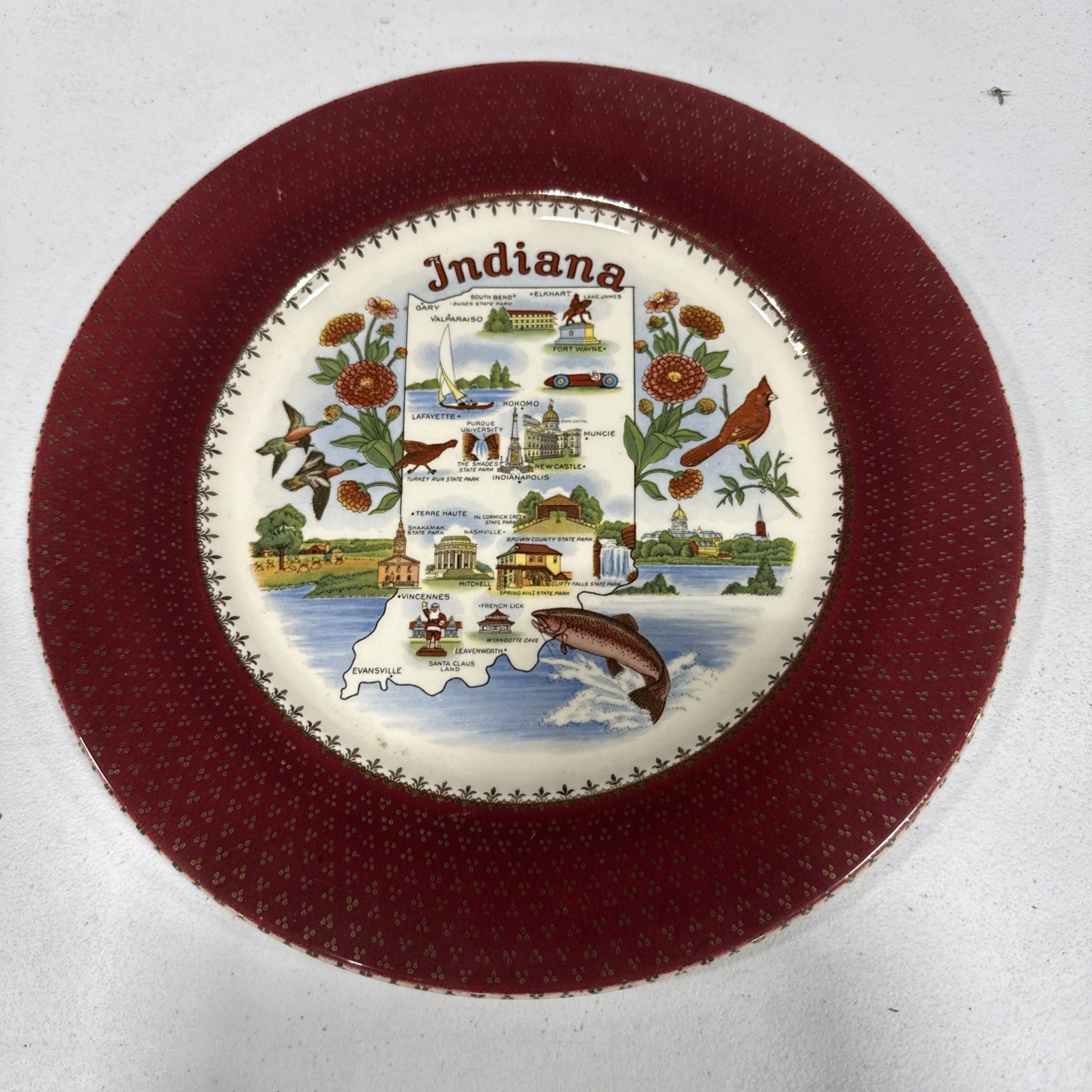 Views Of America Series Indiana Enco Vintage Plate  22K Gold  Retro 
